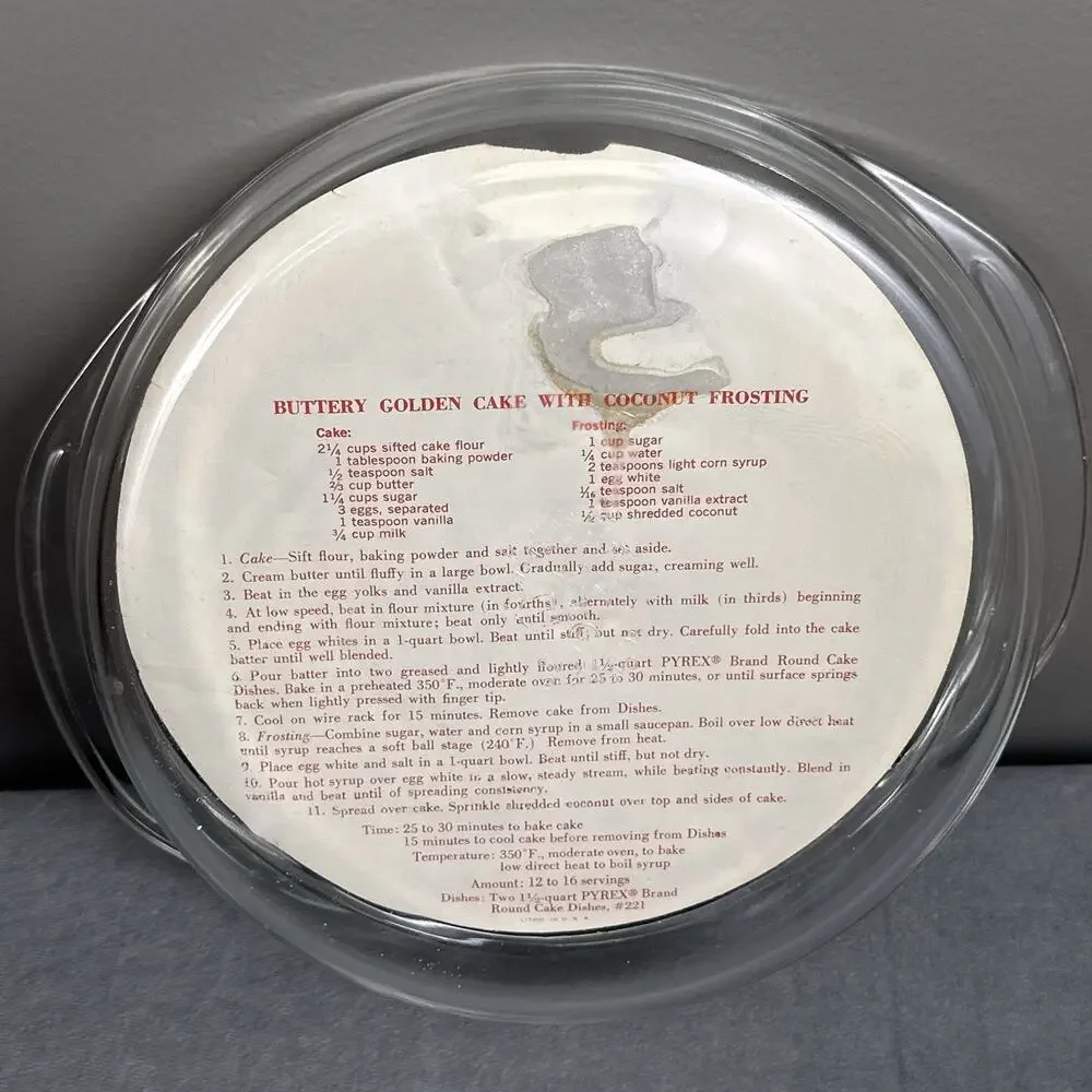 Vintage Pyrex 221 Round Cake Dish 1½ Qt NOS Original Label & Recipe Insert New